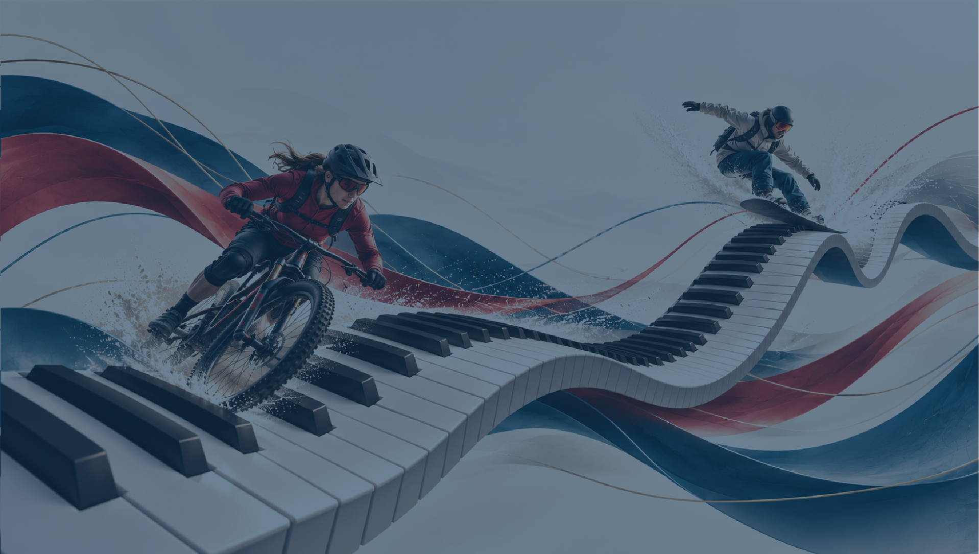 Athletes on a flowing piano keyboard